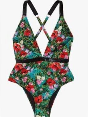 Victoria’s Secret NWT One Piece Swimsuit XL Tropical Floral Deep V Tie Back